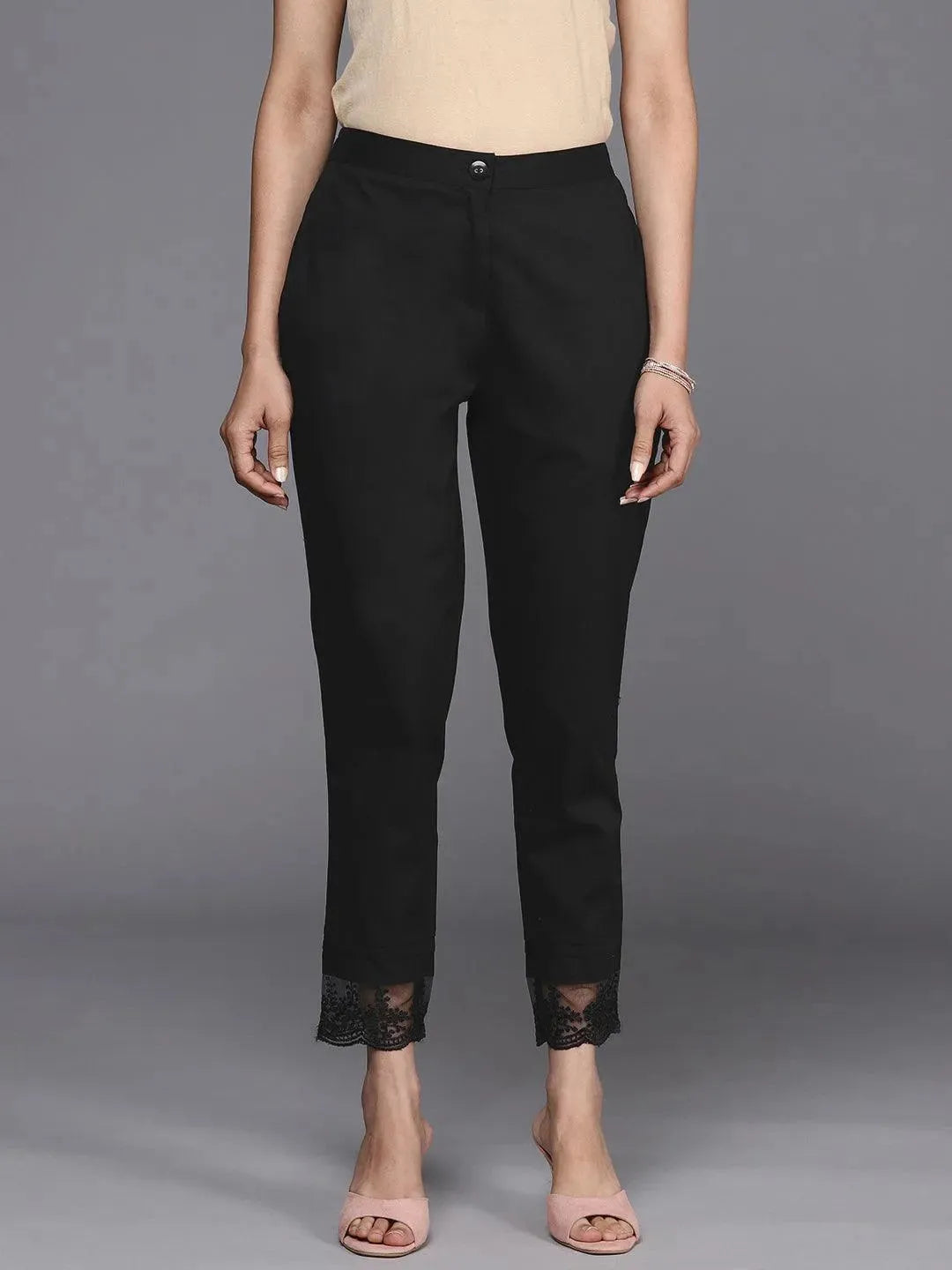 Black Solid Cotton Trousers - Libas