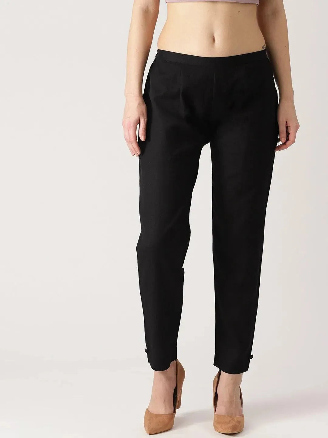 Black Solid Cotton Trousers - Libas