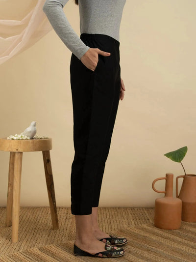 Black Solid Cotton Trousers - Libas