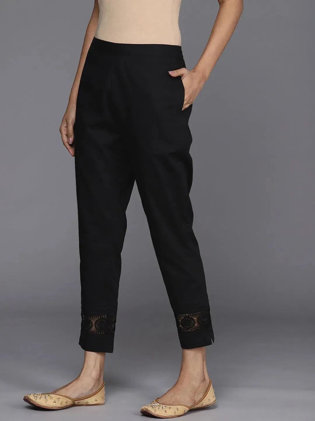 Black Solid Cotton Trousers - Libas