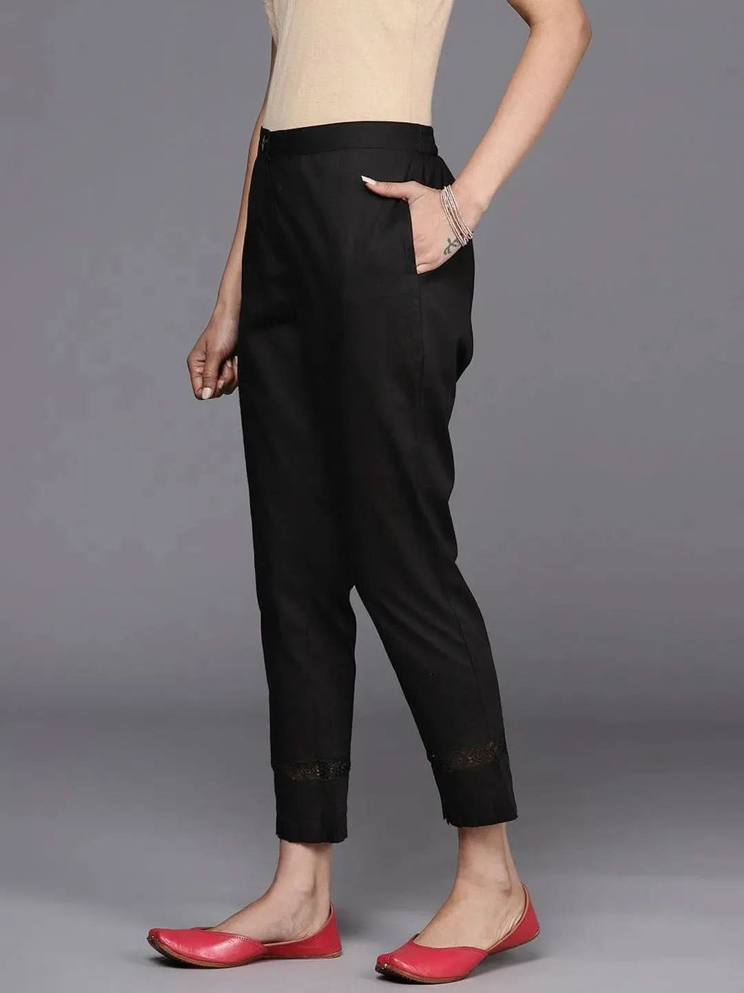Black Solid Cotton Trousers - Libas 