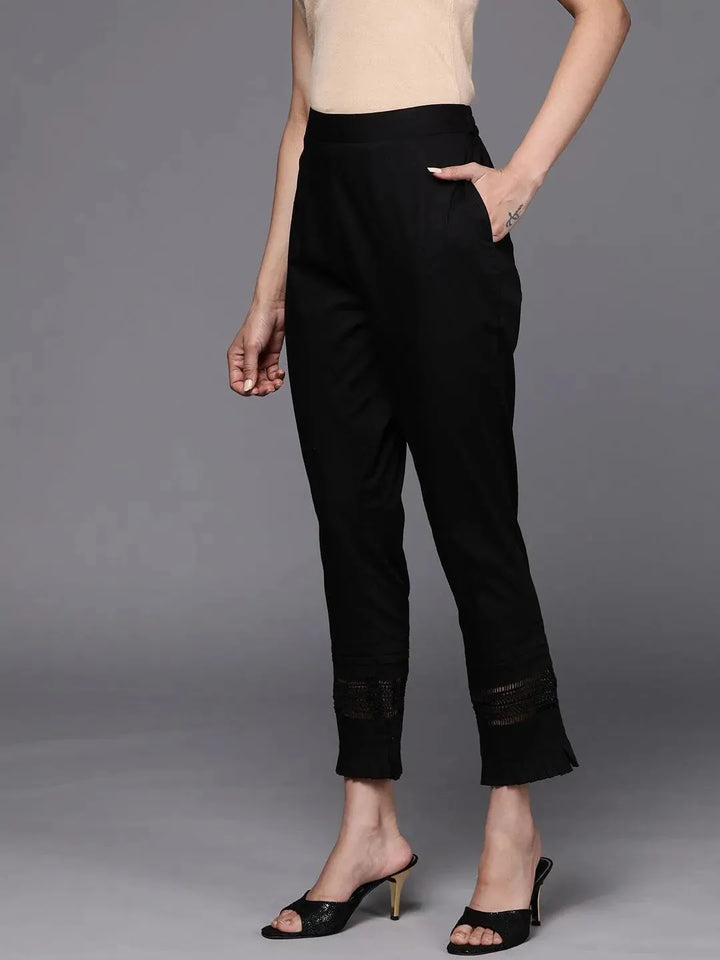 Black Solid Cotton Trousers - Libas