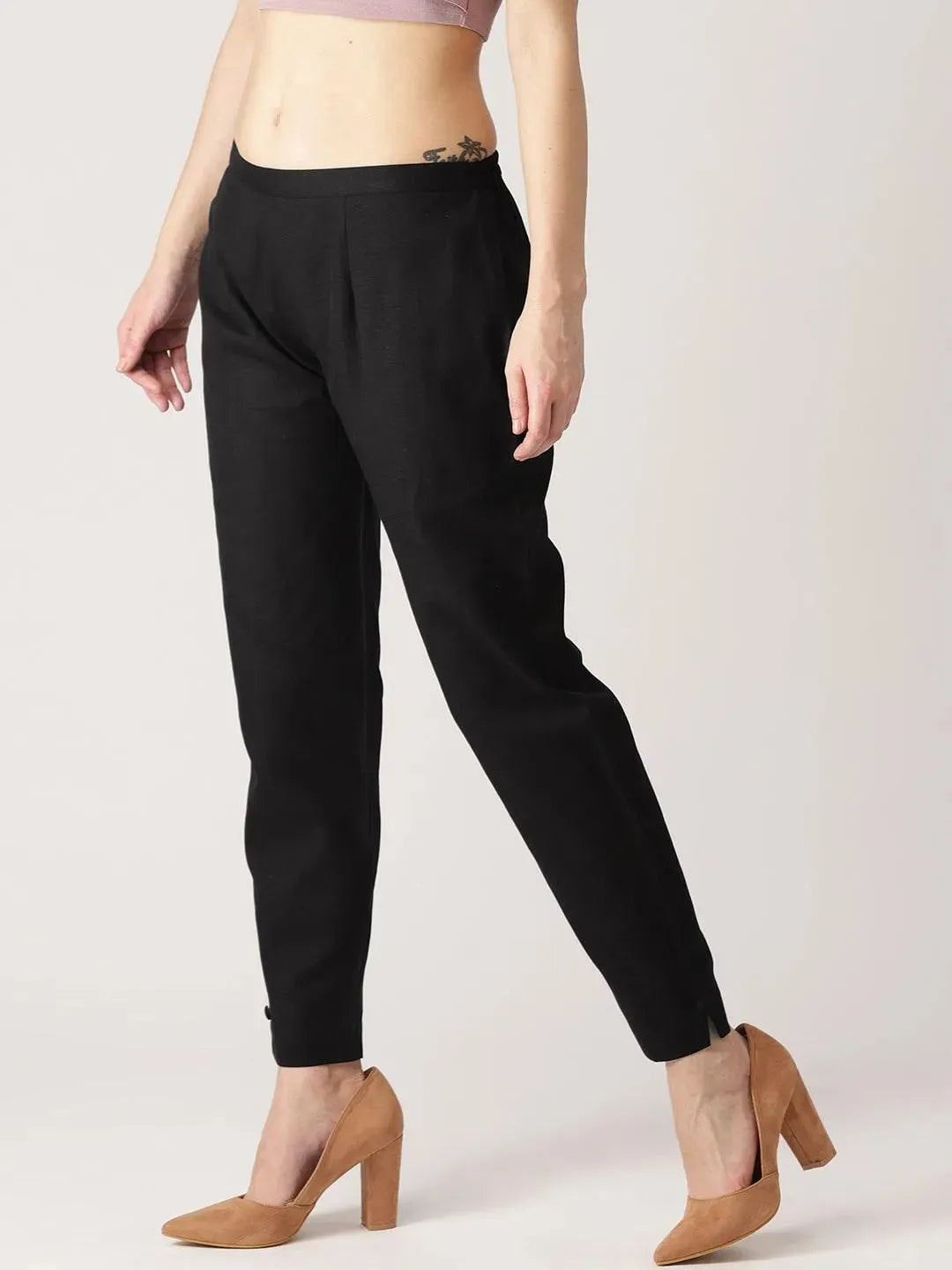 Black Solid Cotton Trousers - Libas 