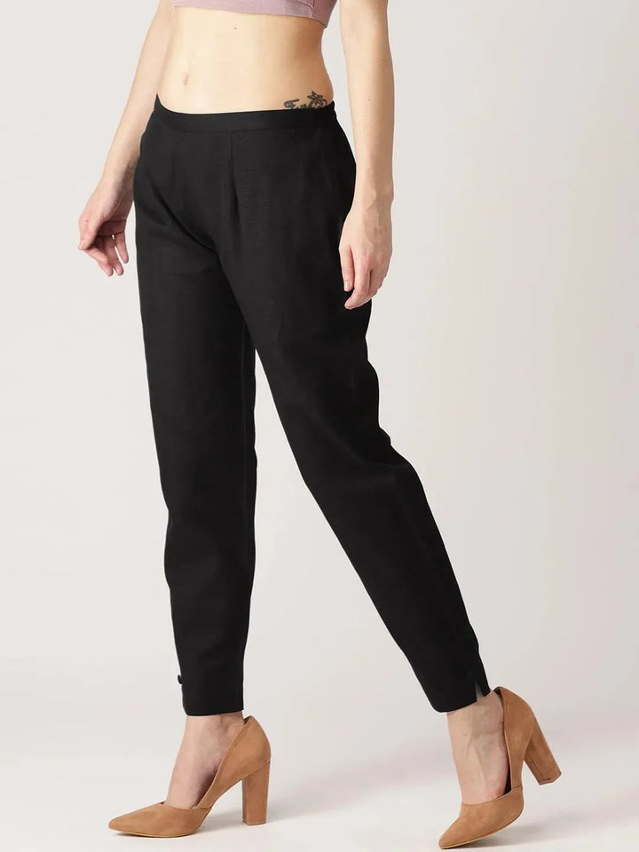 Black Solid Cotton Trousers - Libas