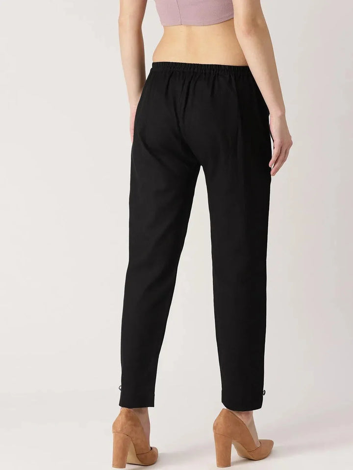 Black Solid Cotton Trousers - Libas