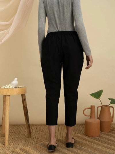 Black Solid Cotton Trousers - Libas