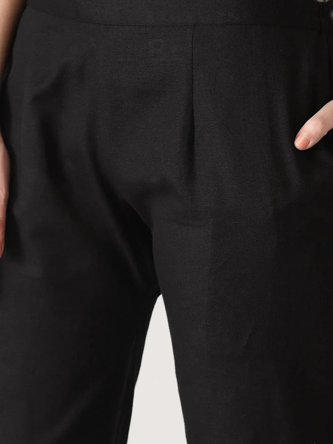 Black Solid Cotton Trousers - Libas 
