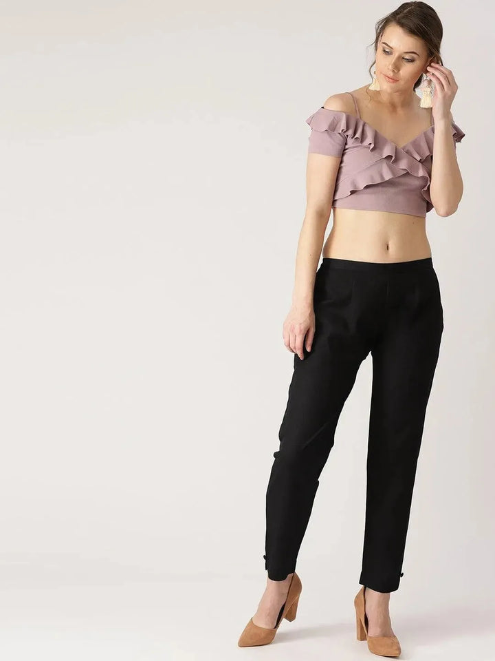 Black Solid Cotton Trousers - Libas
