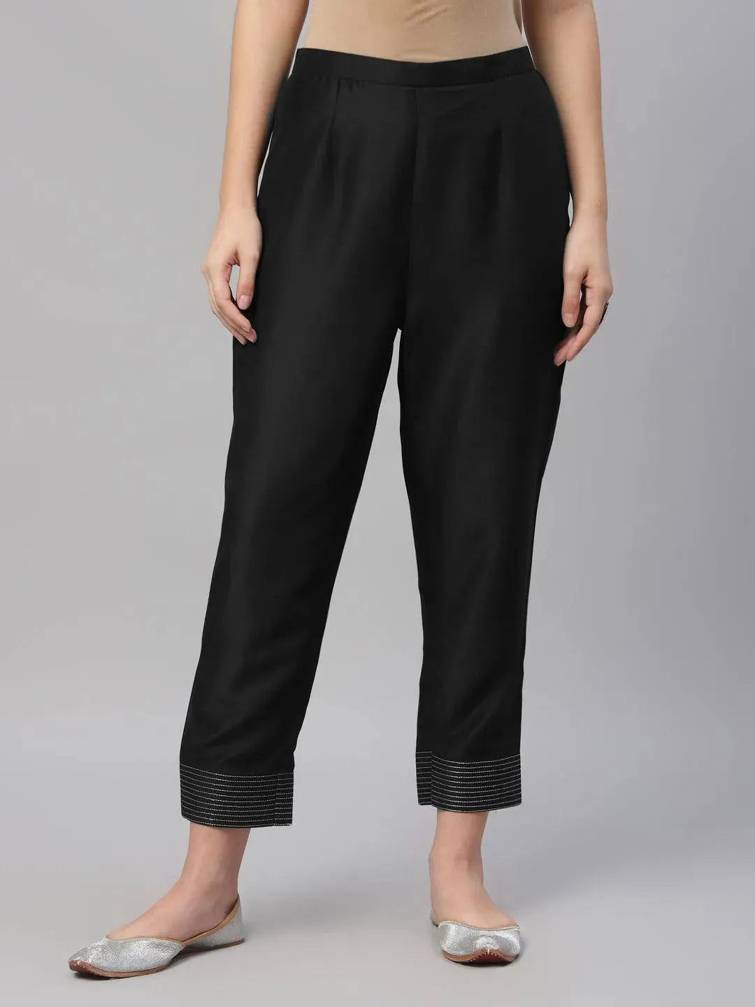Black Solid Crepe Trousers - Libas