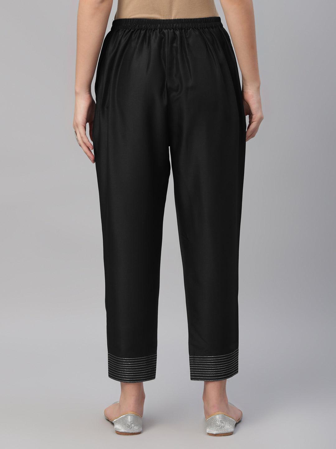 Black Solid Crepe Trousers - Libas