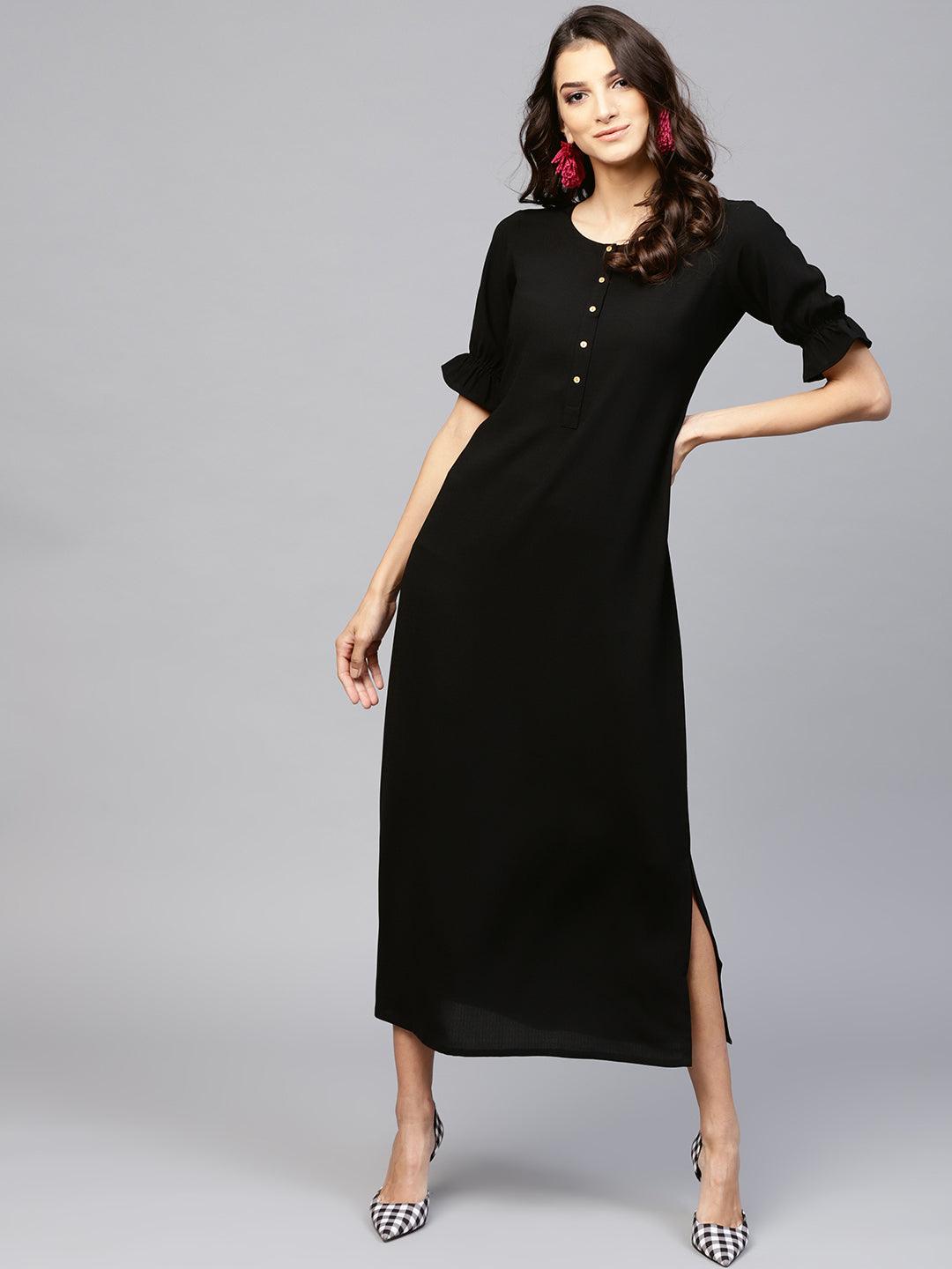 Black Solid Georgette Dress - Libas