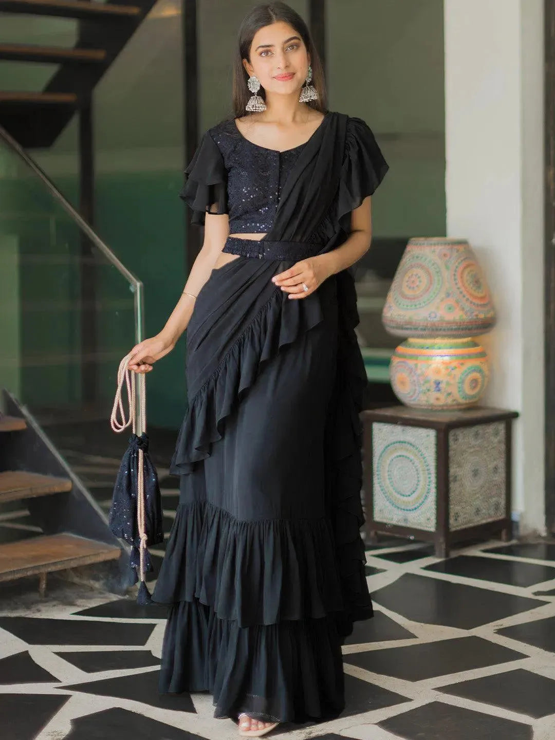 Black Solid Georgette Ready to Wear Saree With Potli - Libas