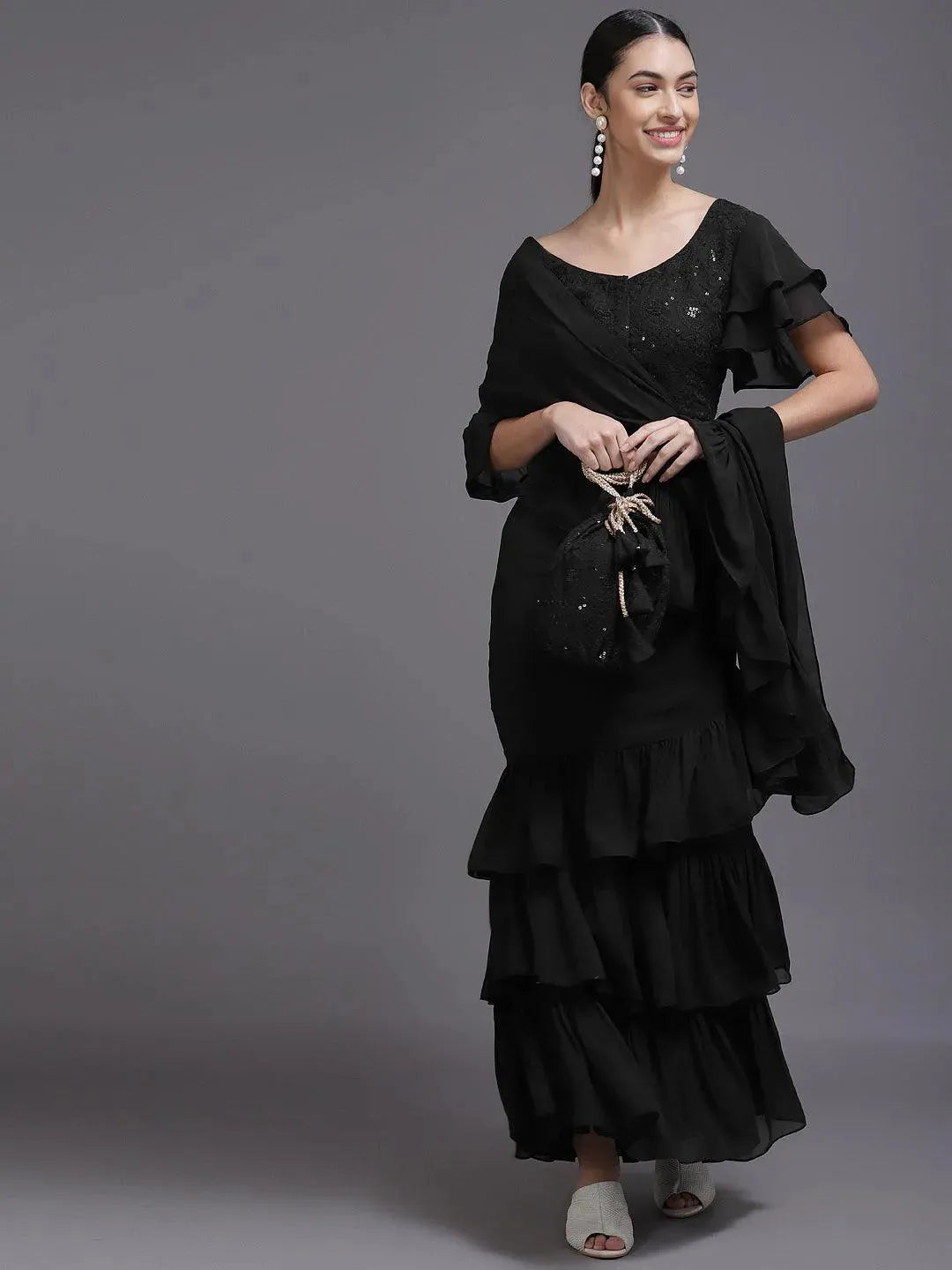 Black Solid Georgette Ready to Wear Saree With Potli - Libas 