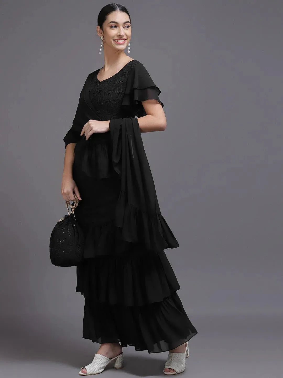 Black Solid Georgette Ready to Wear Saree With Potli - Libas 