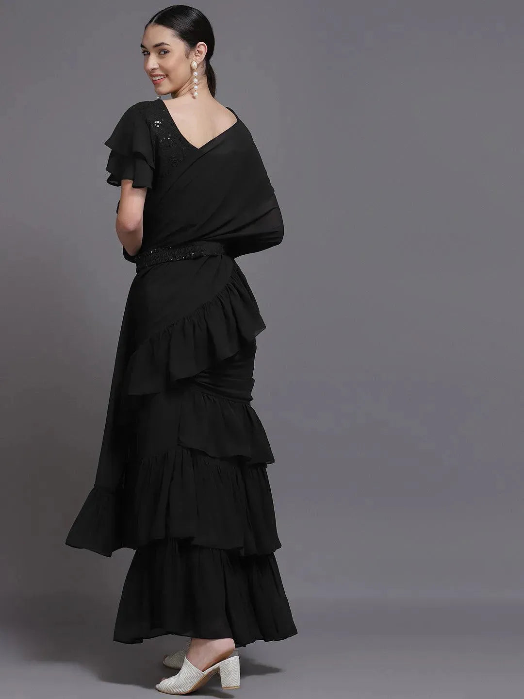 Black Solid Georgette Ready to Wear Saree With Potli - Libas 