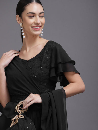 Black Solid Georgette Ready to Wear Saree With Potli - Libas