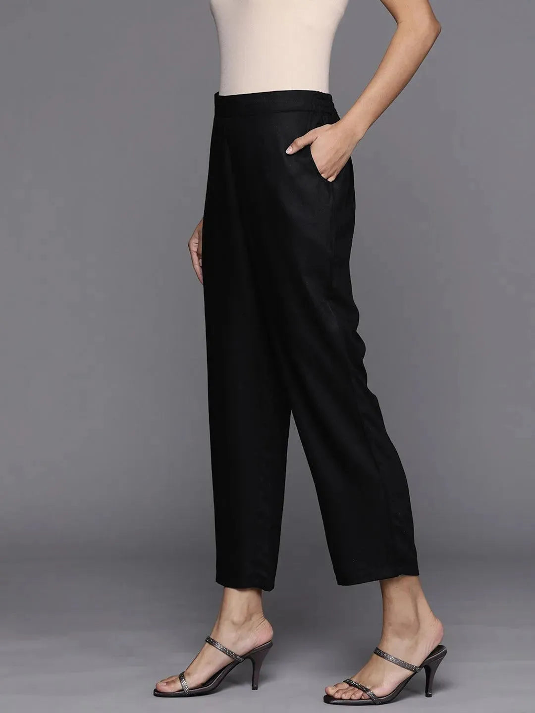 Black Solid Pashmina Wool Trousers - Libas