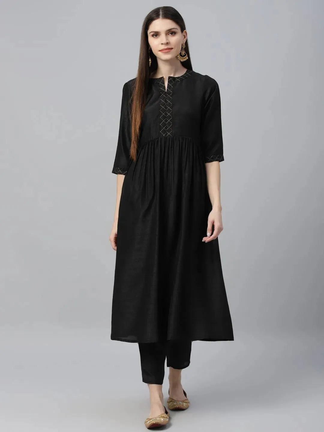 Black Solid Polyester Kurta Set - Libas 