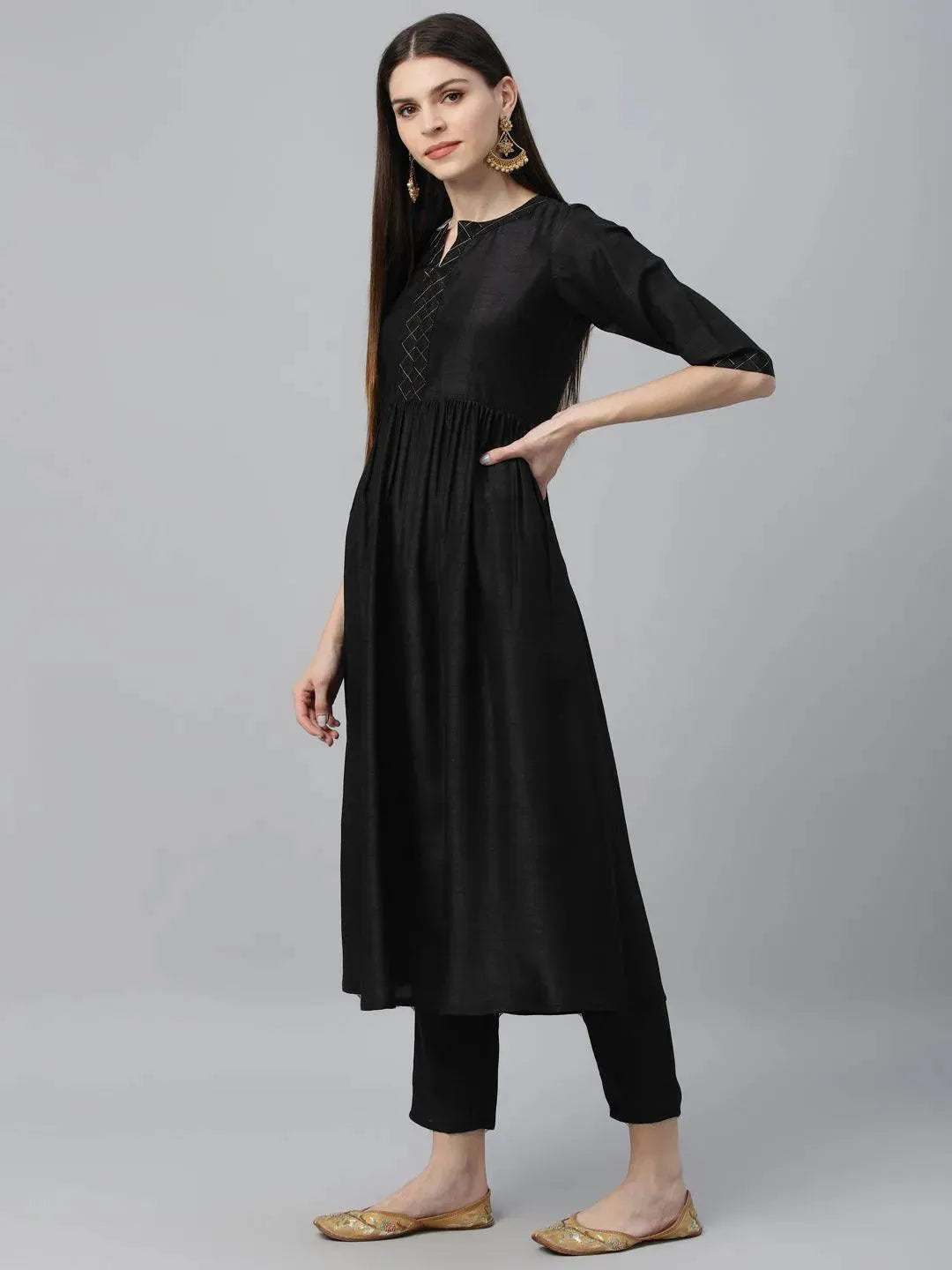 Black Solid Polyester Kurta Set - Libas 