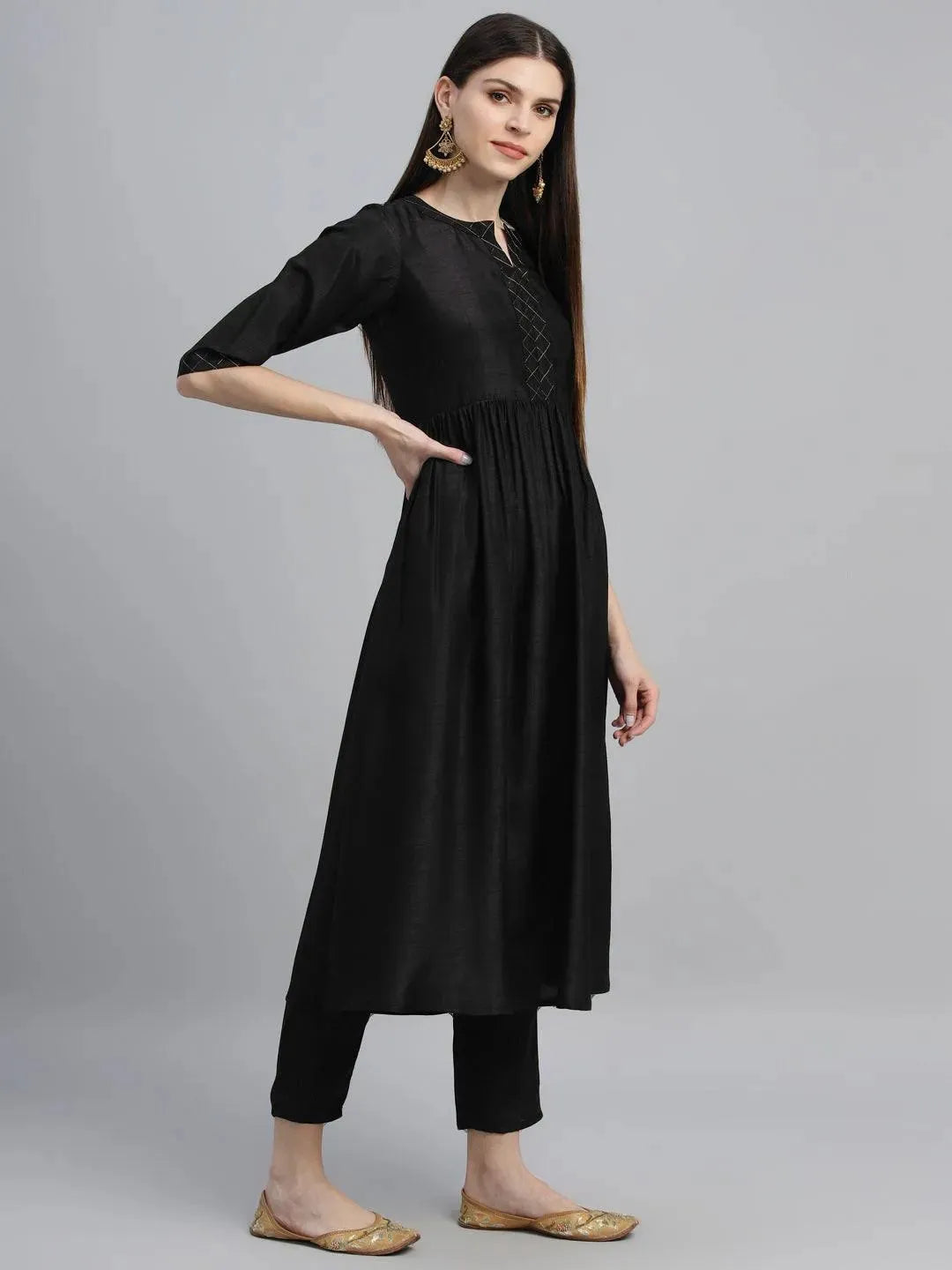 Black Solid Polyester Kurta Set - Libas 