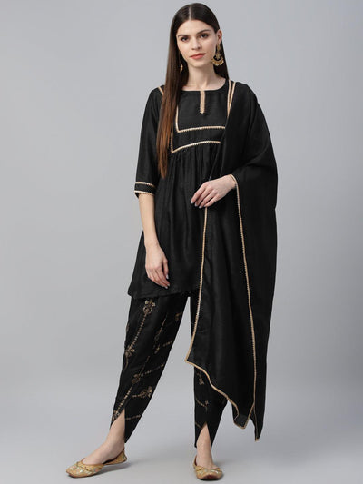 Black Solid Polyester Suit Set - Libas