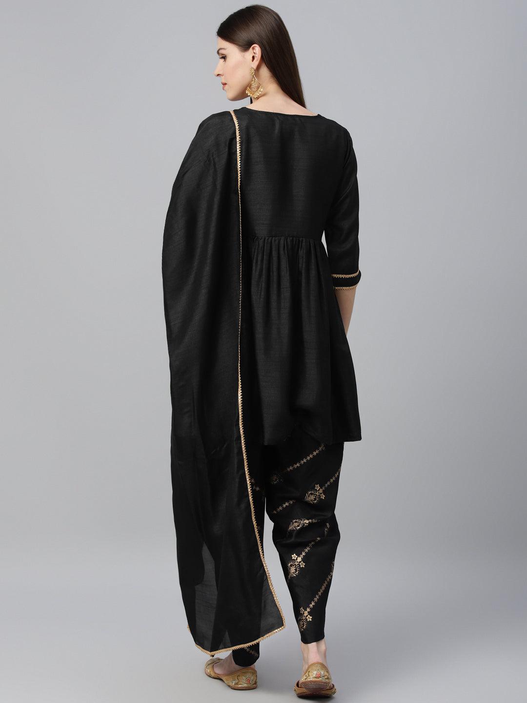 Black Solid Polyester Suit Set - Libas