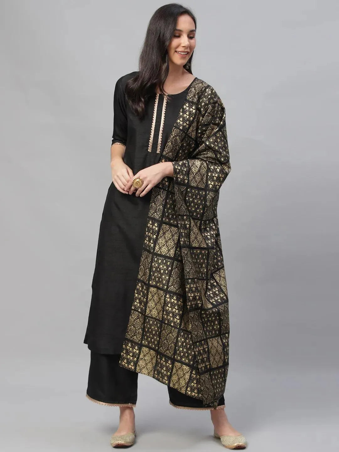 Black Solid Polyester Suit Set - Libas