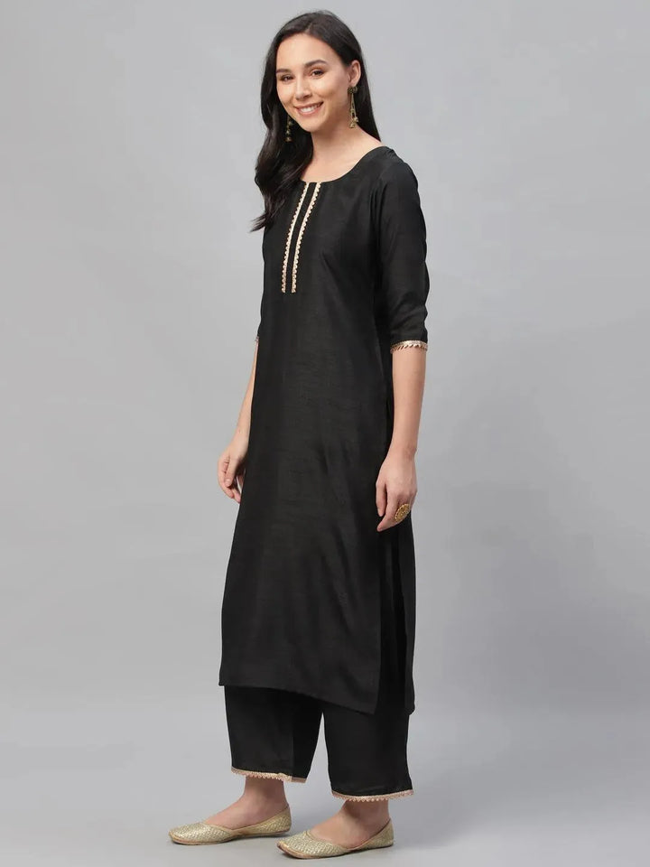 Black Solid Polyester Suit Set - Libas