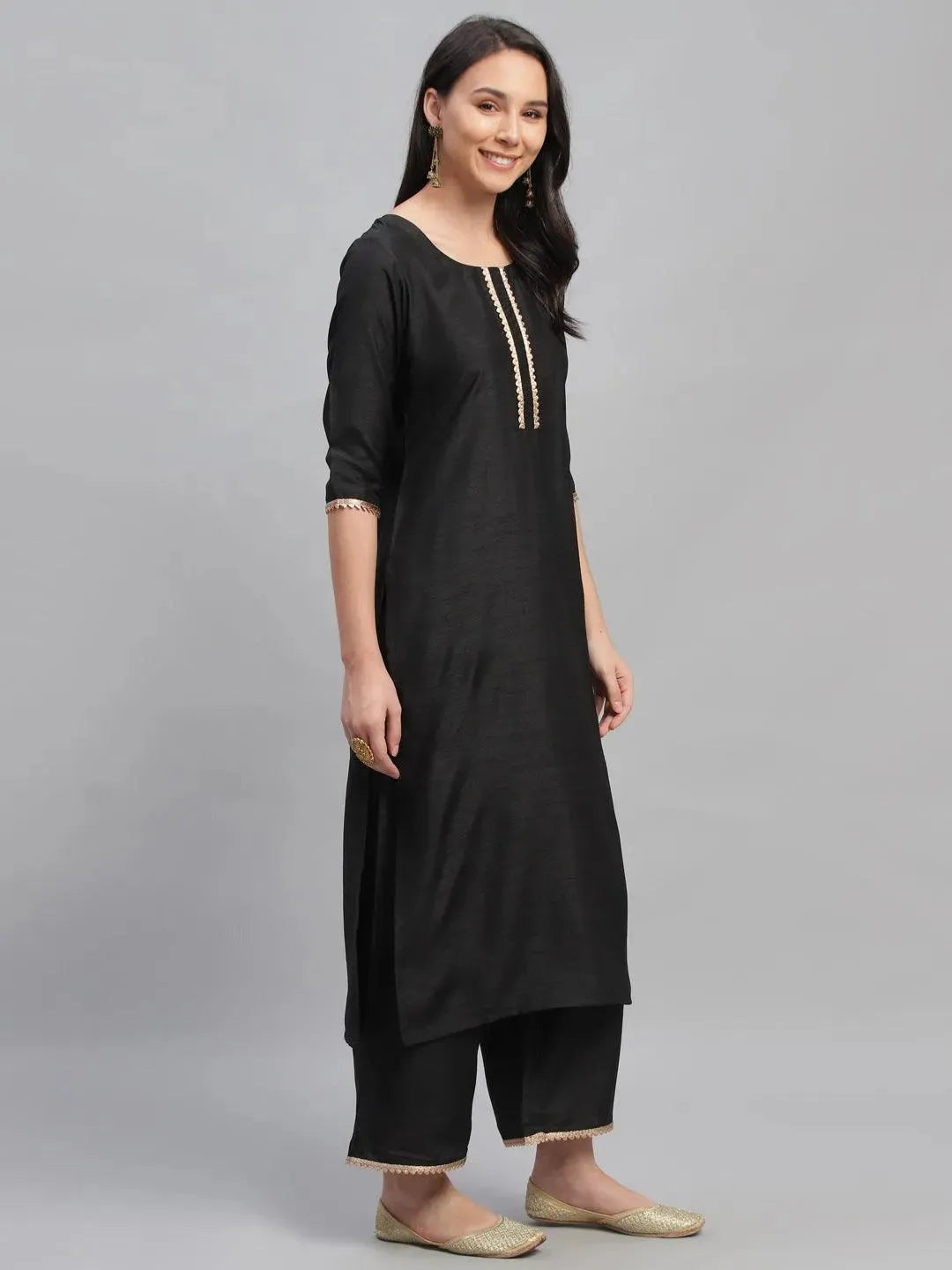 Black Solid Polyester Suit Set - Libas 