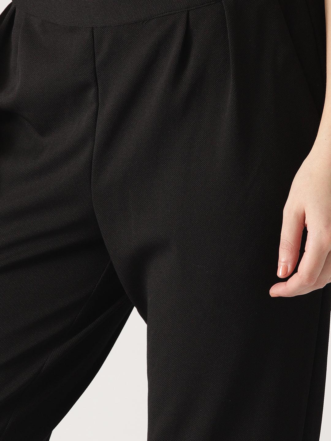 Black Solid Polyester Trousers - Libas