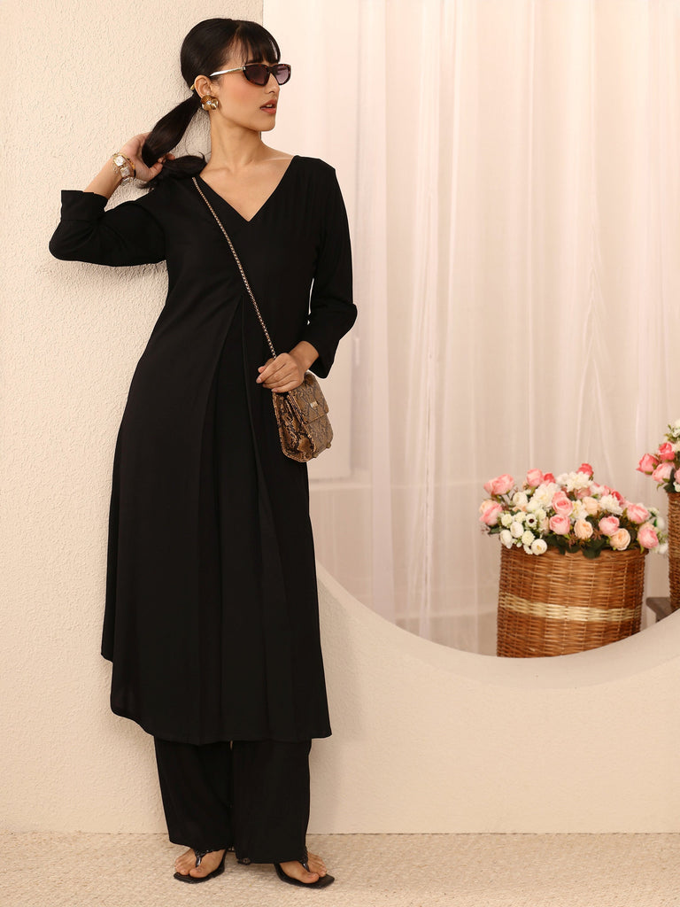 Libas Black Solid Rayon A-Line Kurta Set