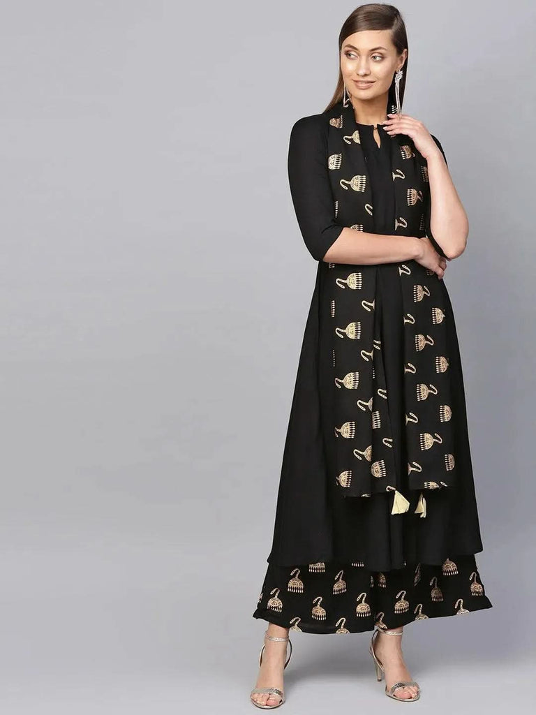 Libas Black Solid Rayon Anarkali Kurta With Palazzos & Stole