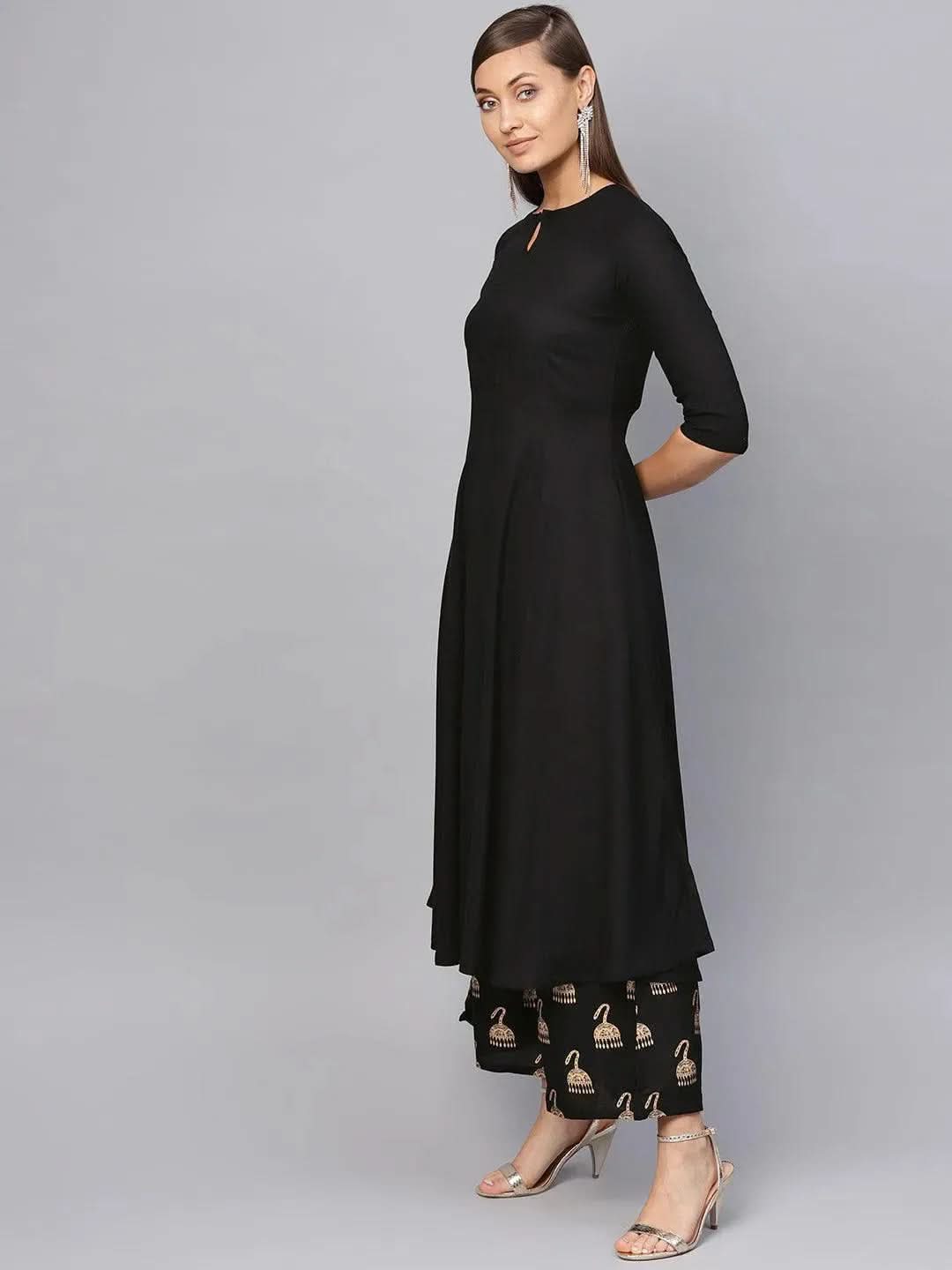 

Black Solid Rayon Anarkali Kurta With Palazzos & Stole