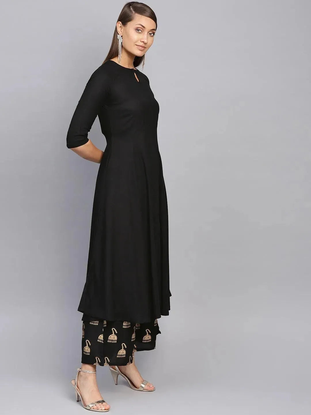 Black Solid Rayon Suit Set - Libas 
