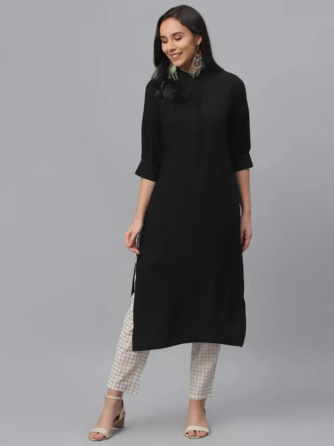 Black Solid Rayon Kurta - Libas