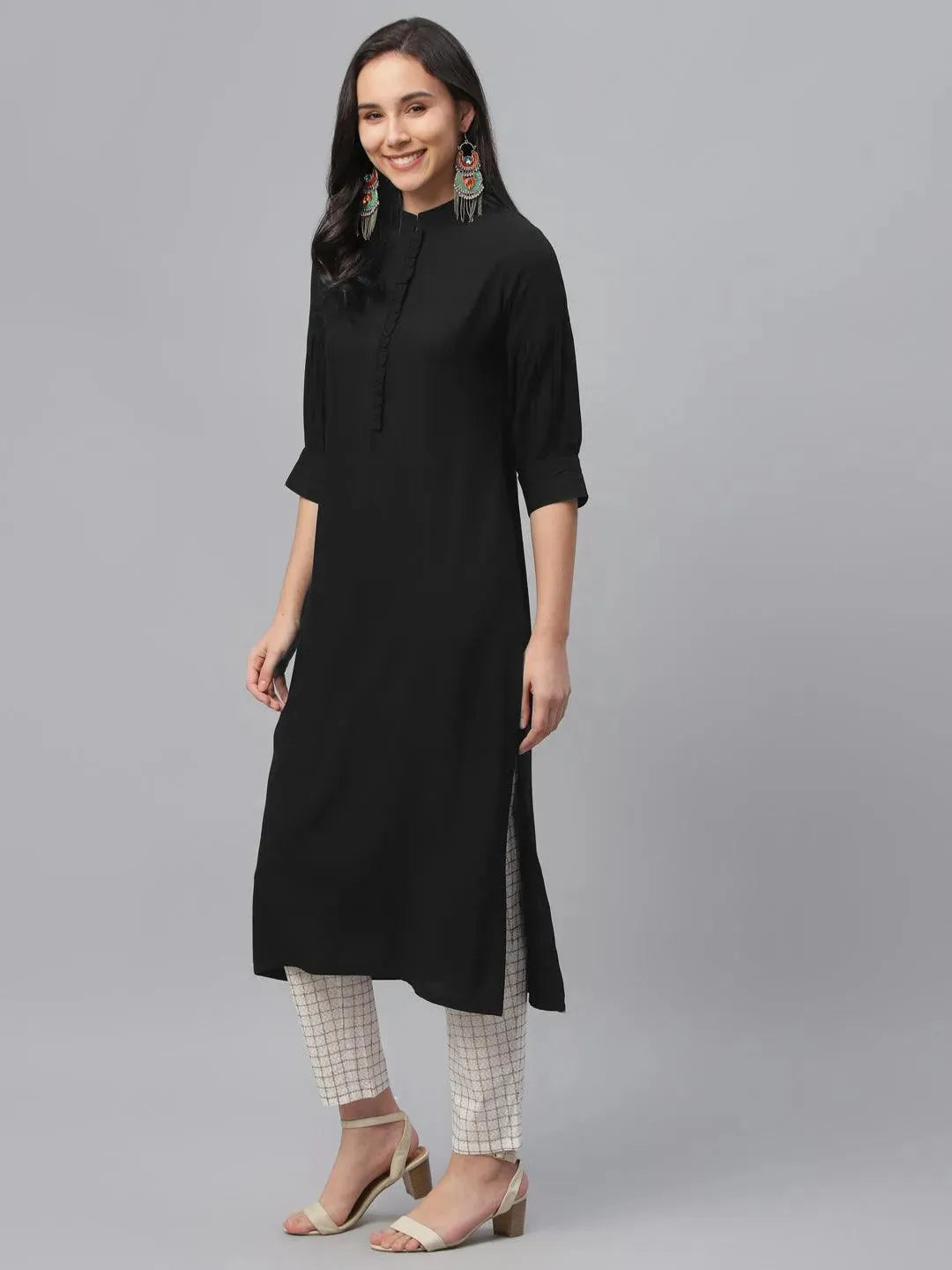 Black Solid Rayon Kurta - Libas