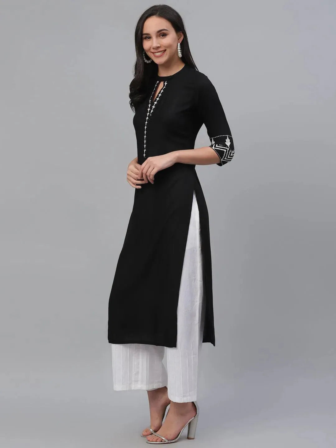 Black Solid Rayon Kurta - Libas 