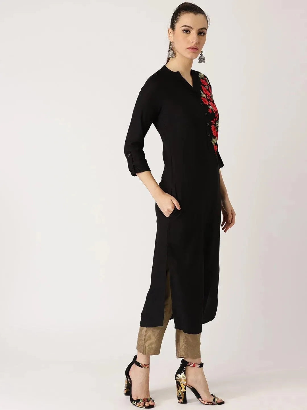 Black Solid Rayon Kurta - Libas 