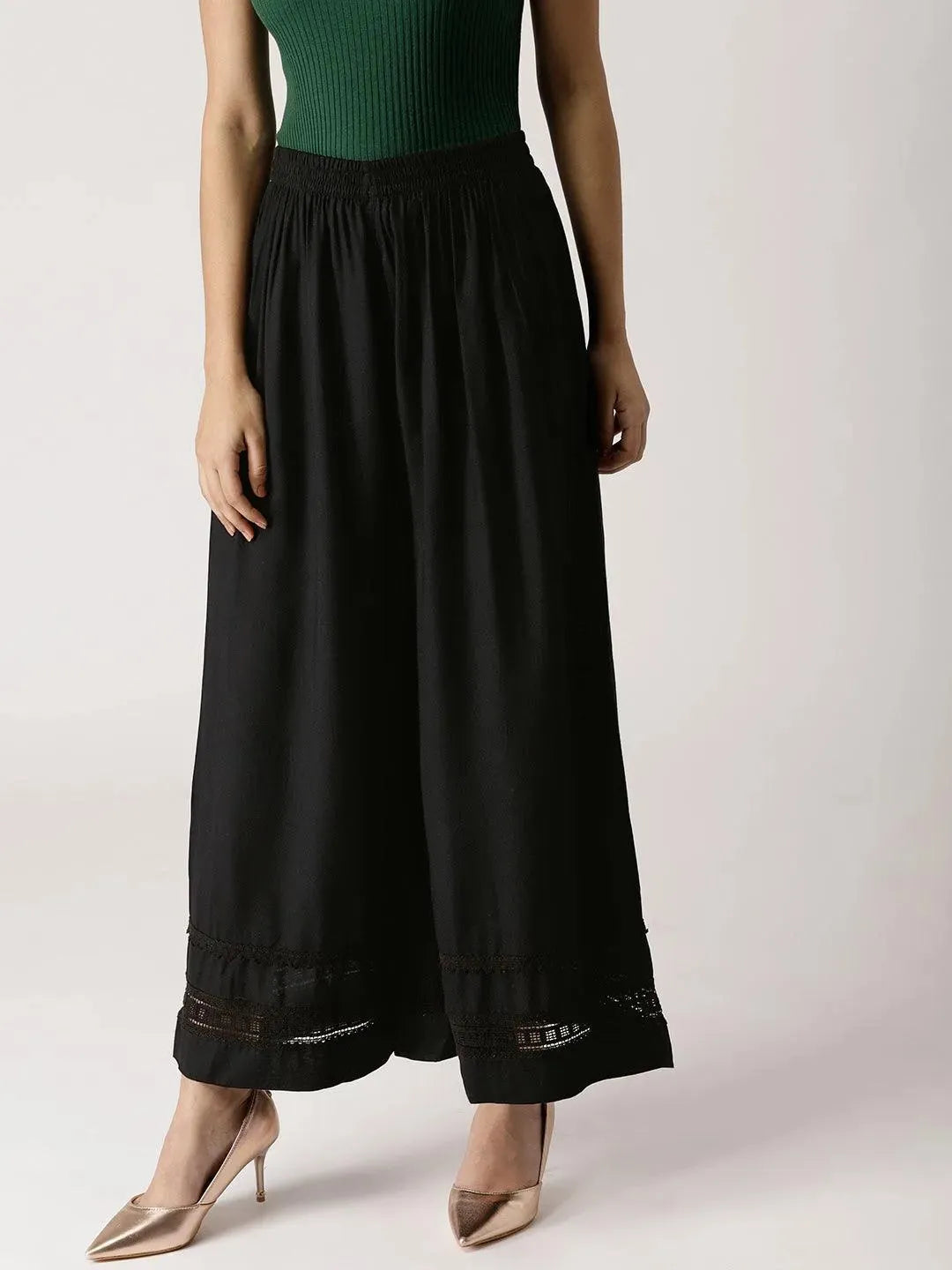 Black Solid Rayon Palazzos - Libas