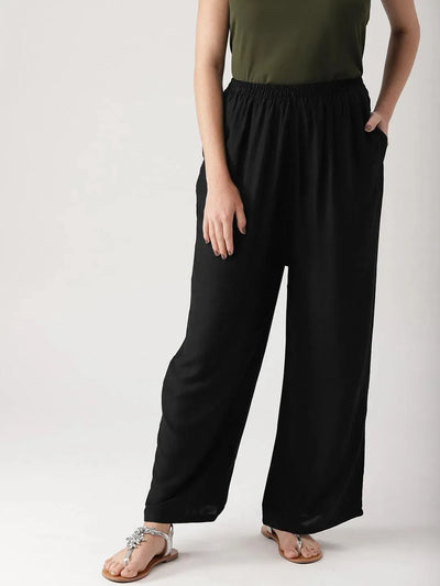 Black Solid Rayon Palazzos - Libas