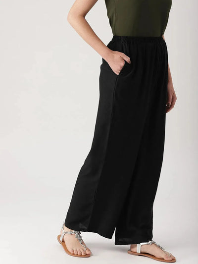 Black Solid Rayon Palazzos - Libas