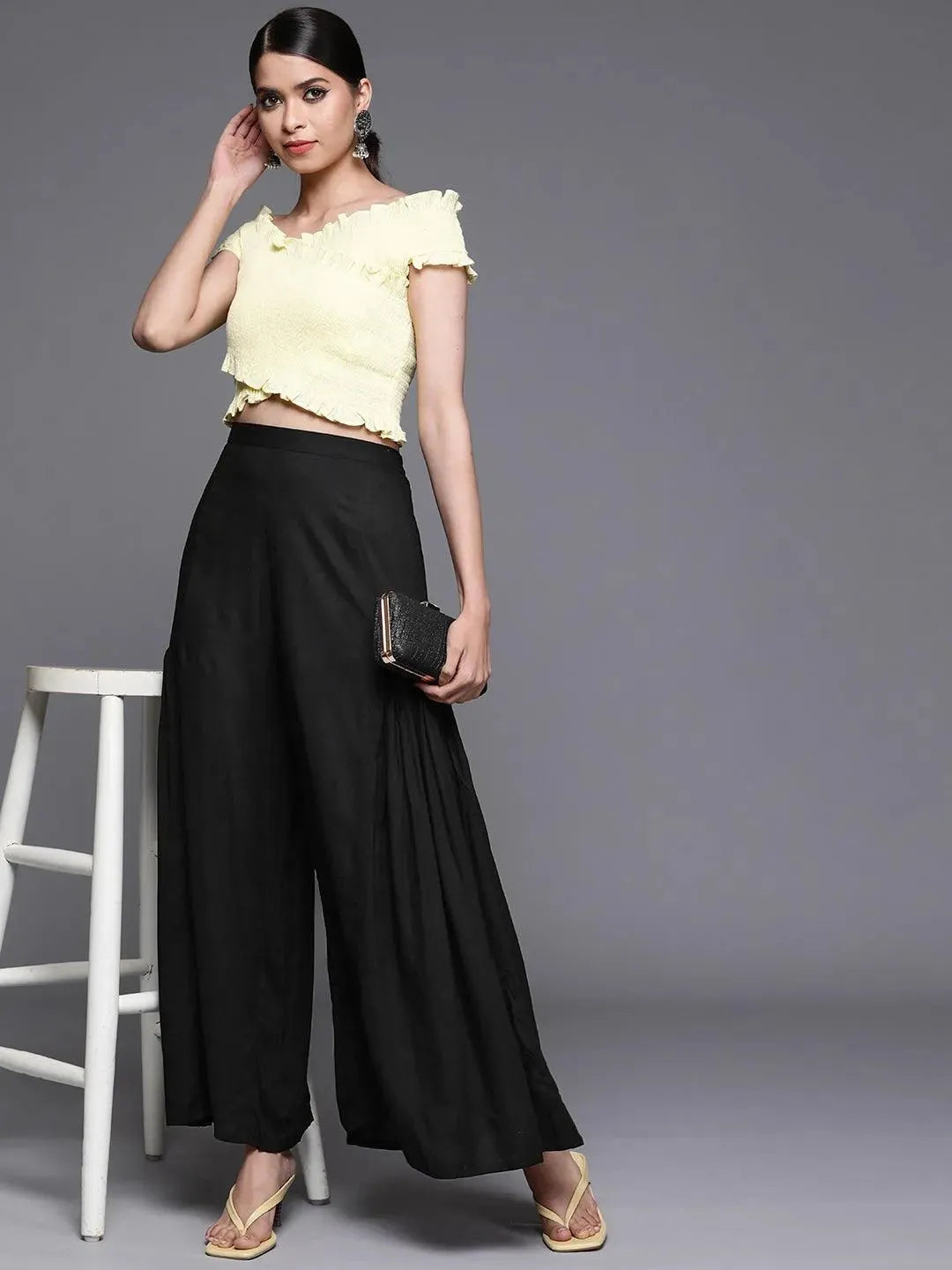 Black Solid Rayon Palazzos - Libas 