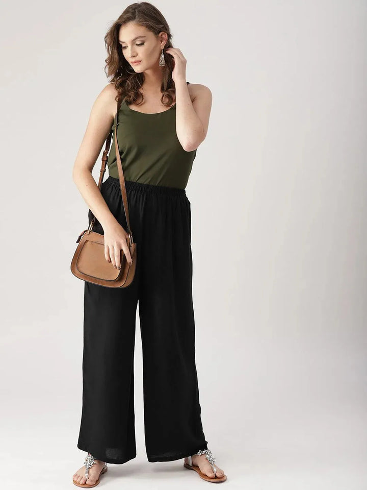 Black Solid Rayon Palazzos - Libas