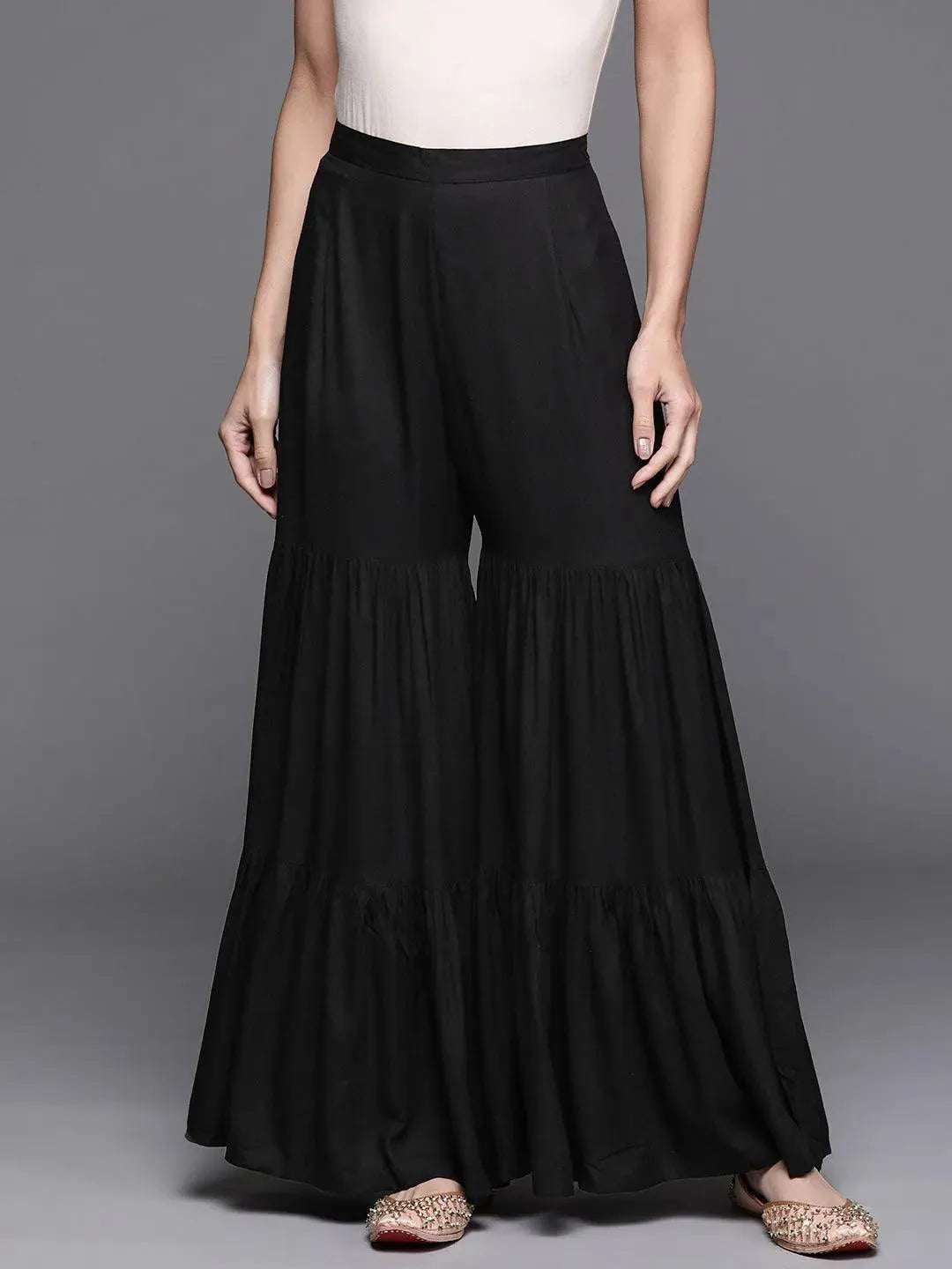 Black Solid Rayon Sharara Pants - Libas 
