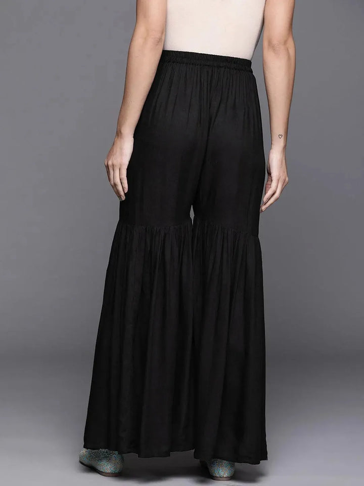 Black Solid Rayon Sharara Pants - Libas