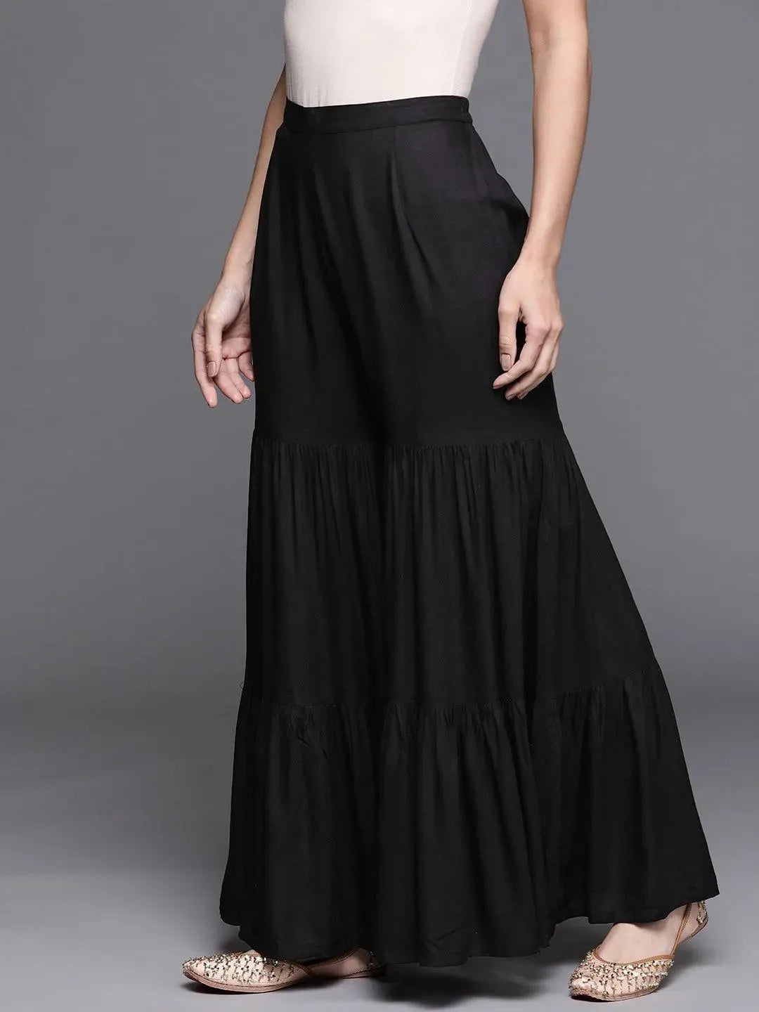 Black Solid Rayon Sharara Pants - Libas 