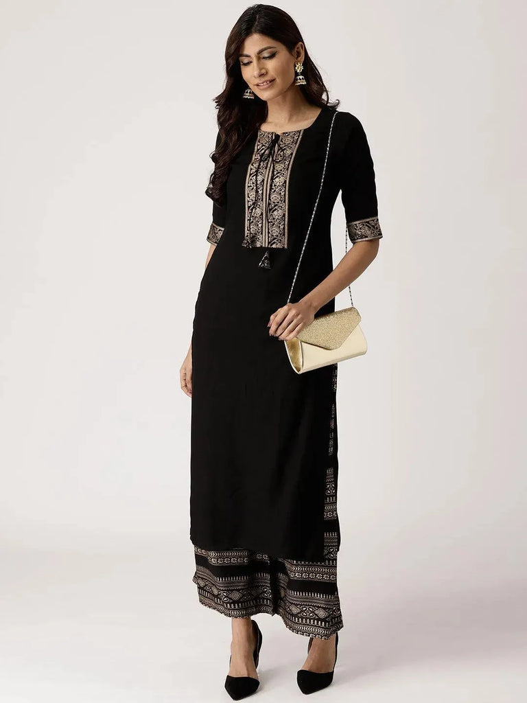 Libas Black Solid Rayon Straight Kurta With Palazzos