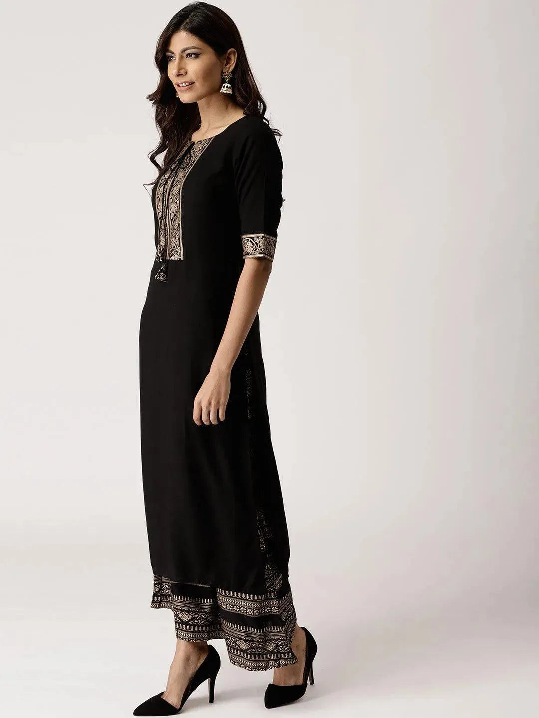Black Solid Rayon Kurta Set - Libas 