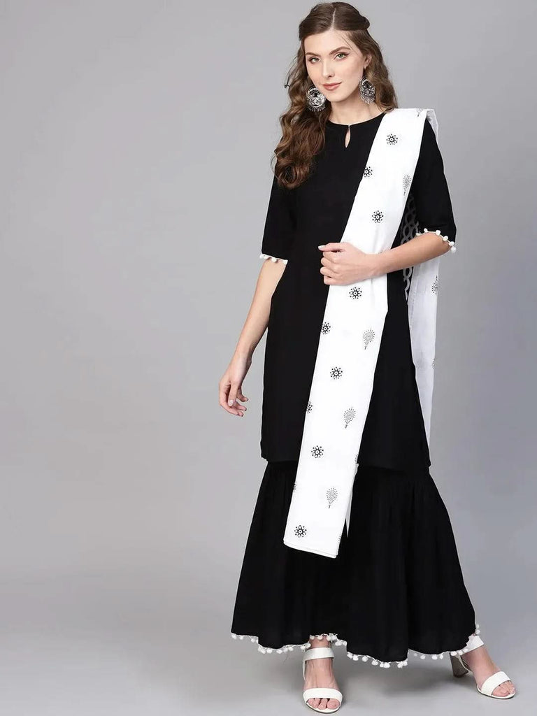 Libas Black Solid Rayon Straight Kurta With Sharara & Dupatta