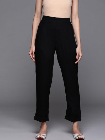 Black Solid Rayon Trousers - Libas